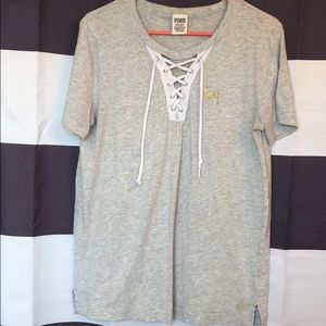 PINK lace up front campus tee